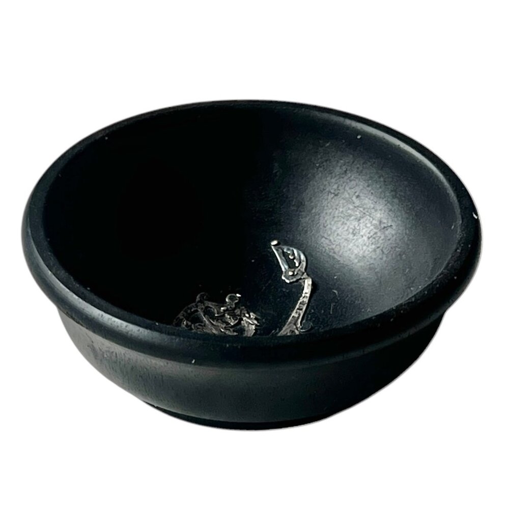 Black Bakelite Isolite Trinket Dish W/ Ornate Silver Initial R Overlay Vintage - Picture 4 of 9